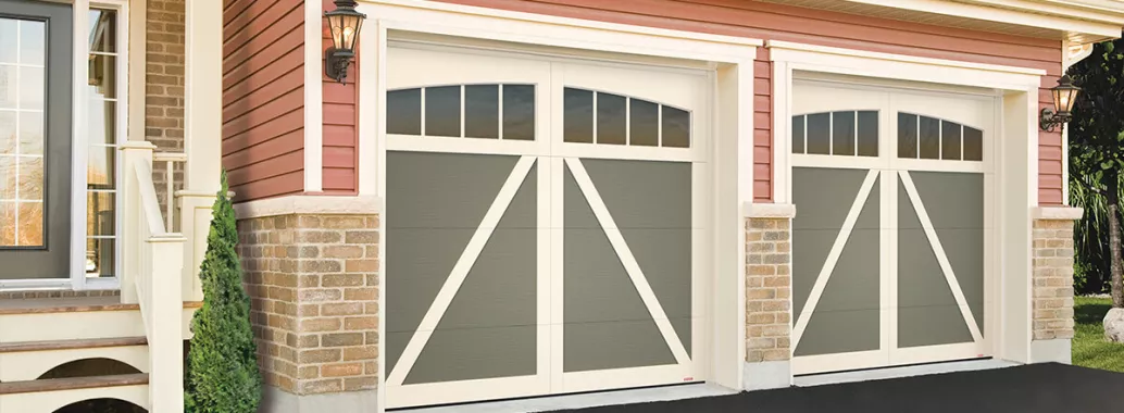 Eastman E-22, 8' x 7', Dark Sand doors and Desert Sand overlays, Arch Overlay with 4 vertical lite Panoramic windows